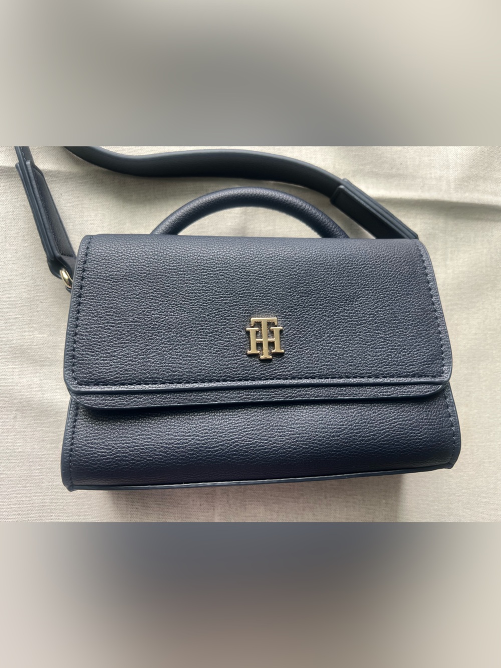 Tommy Hilfiger Navy Leather Satchel with Gold Logo